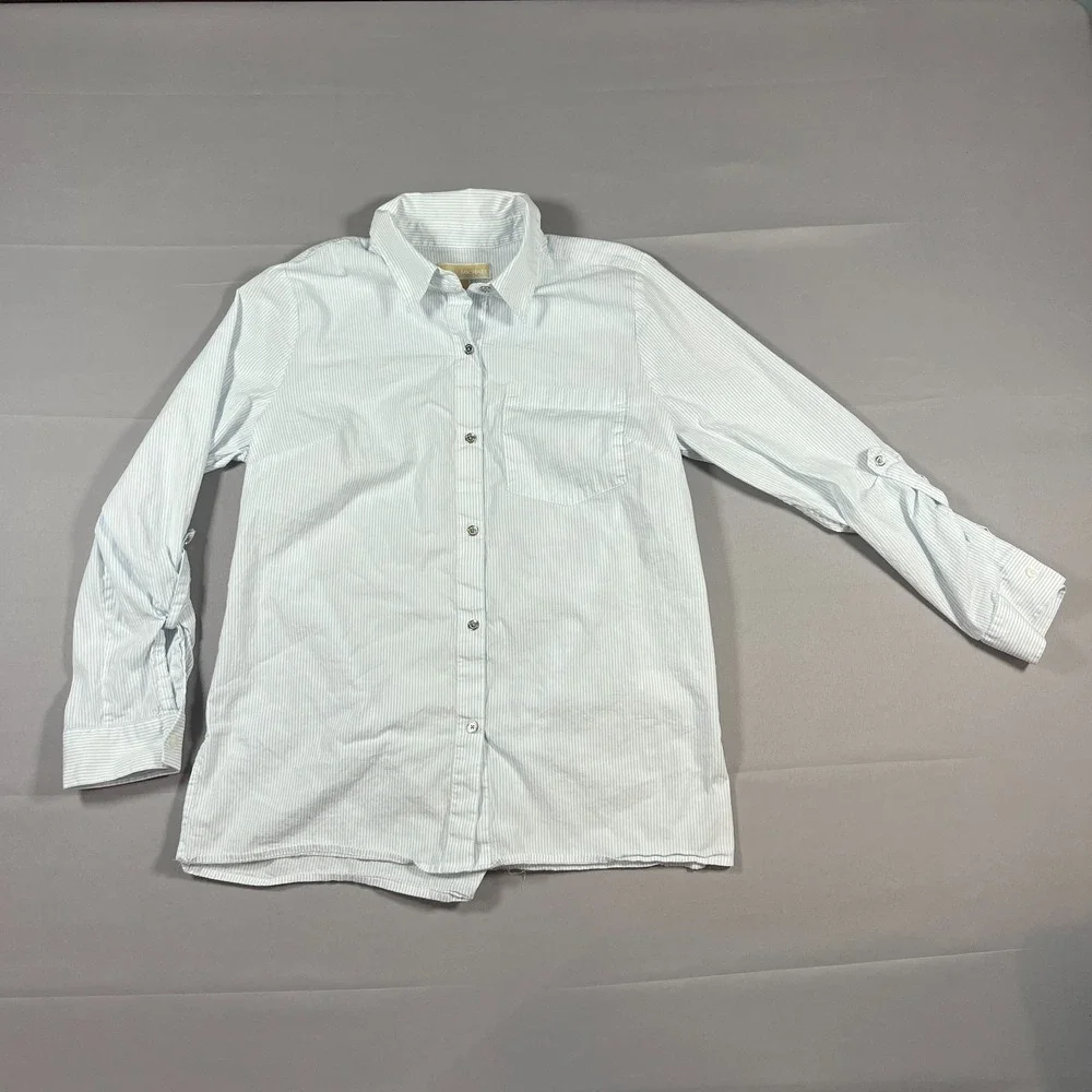 Michael Kors Button Up Shirt Womens L White Blue Striped Roll Tab Sleeve Casual